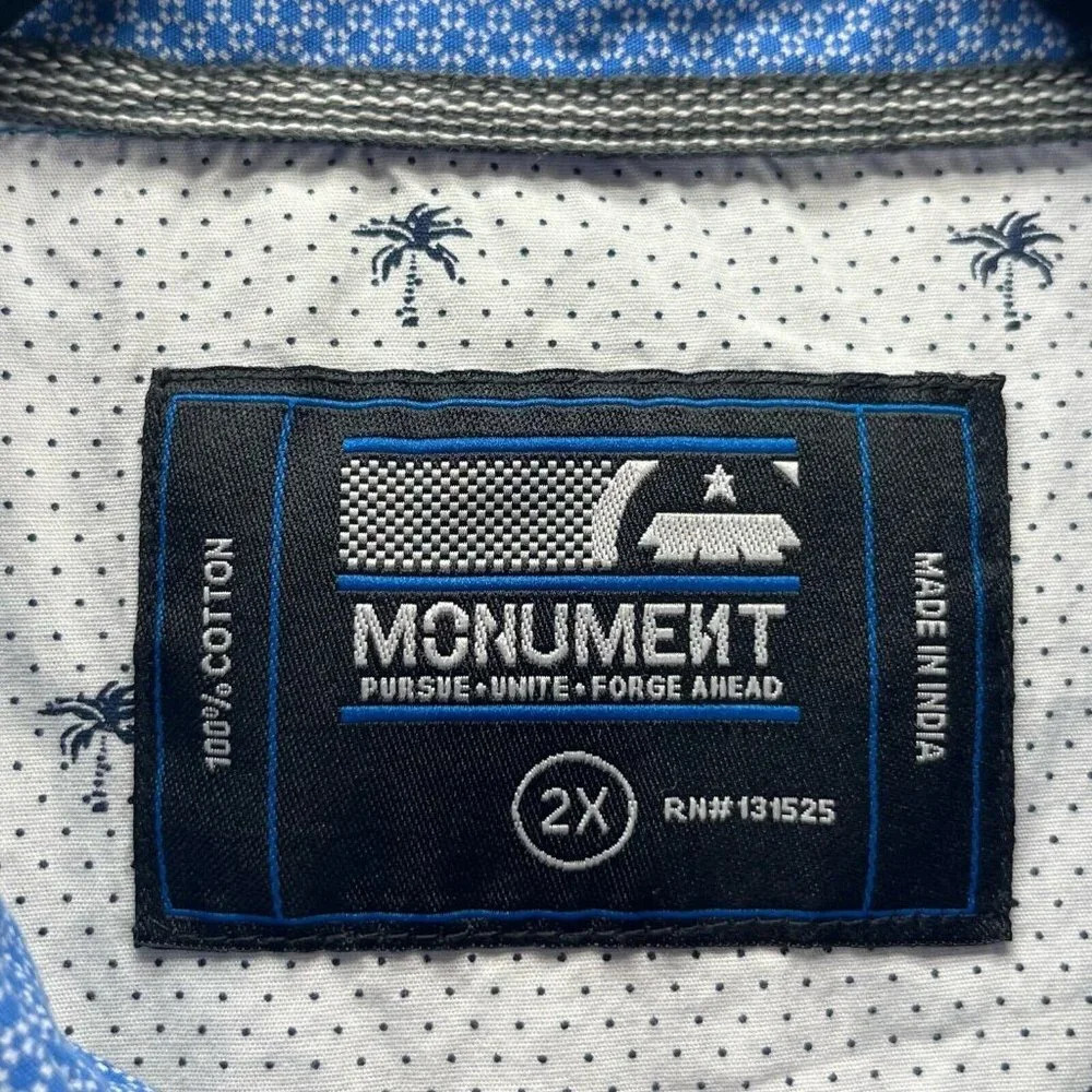 Monument Shirt Mens Sz 2X Printed Check Button Front Short Sleeve Cotton Blue - Picture 8 of 10